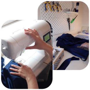 Gabby cutting and sewing in her own studio